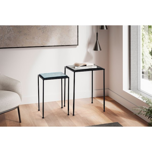 Rootz Modern Design Sidebordssæt - Endeborde - Accentborde - Aqua Blå & Sort glasplader - Pulverlakerede jernstel - 39 x 39 x 55 cm & 32 x 32 x 48 cm