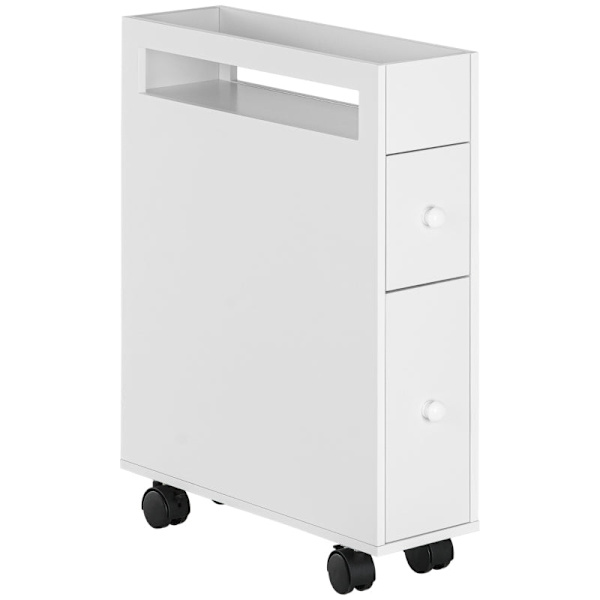 Rootz Badrumsskåp - Smal design - Rullskåp - Två lådor - Fyra hjul - MDF-ram - Vit - 16L x 49,5W x 66H cm
