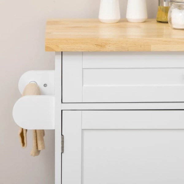 Rootz Köksvagn - Serveringsvagn - Köksö - 1 kryddställ - 1 handdukshållare - Justerbar i höjdled - Gummiträ - Vit - 109L x 40W x 89H cm