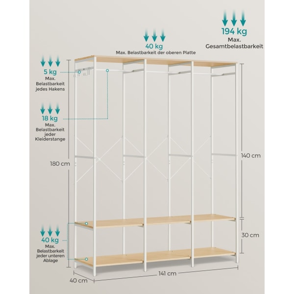 Rootz Tøjstativ Organizer - Beklædningsstativ - Garderobeopbevaring - Stålspånplade - 40 cm x 141 cm x 180 cm