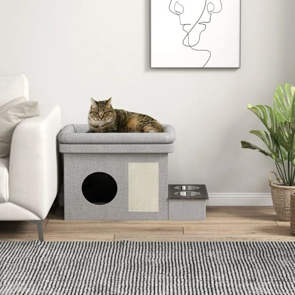 Rootz Cat House - Foderplads - 2 skåle i rustfrit stål - Ridsemåtte - Blød liggestolspude - Grå - 78 x 48 x 49,5 cm