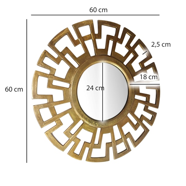 Rootz Art Deco-stil vægspejl - Dekorativt rundt spejl - Geometrisk ramme - Håndlavet - Guld - 60 cm x 60 cm x 2,5 cm