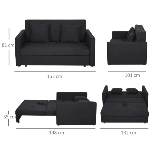 Rootz 2-sits bäddsoffa - Konvertibel bäddsoffa - Modern tyg Loveseat soffa med 2 kuddar - Dold förvaring för vardagsrummet - Gästrum - Mörkgrå - 152W