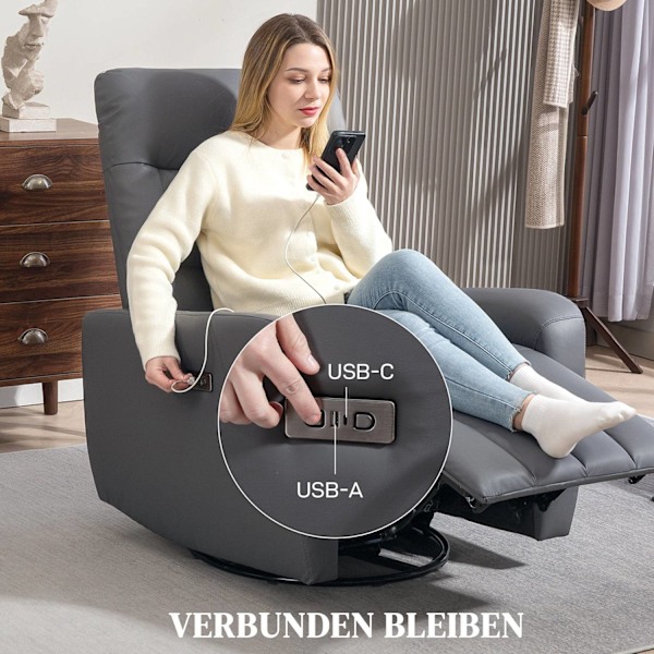 ROOTZ Relaxation lænestol - polstringstol med liggende funktion - hvilestol - USB -porte - grå - 79x89.5x104cm