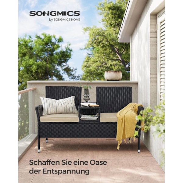 Rootz Garden Soff Set - Utomhus Loveseat - Uteplatsmöbler - Stålstomme - PE Wicker - Skumkuddar - Härdat glas Bordsskiva - Svart-Taupe - 65cm x 131cm