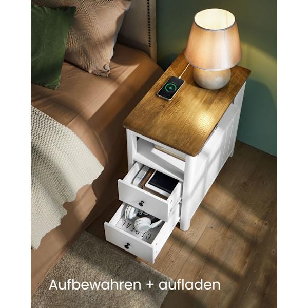 Rootz Sidebord med Power Strip - Endebord - Natbord - Træspånplade - MDF - Valnød Brun-Hvid - 60 cm x 35 cm x 60 cm - 17 kg - 90 kg Max belastningskap