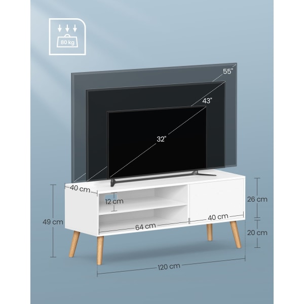 Rootz TV Stand - Underholdningscenter - Mediekonsol - Spånplade - Gummitræ - Hvid - 40cm x 120cm x 49cm - 19,7kg - 55kg Maks. belastningskapacitet - 1