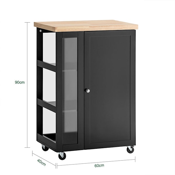 Rootz keittiövaunu - Sivuvaunu - Tarjoilukärry - Säädettävät hyllyt - Siirrettävä säilytystila - Lukittavat pyörät - Musta MDF ja lasi - 60cm x 90cm x