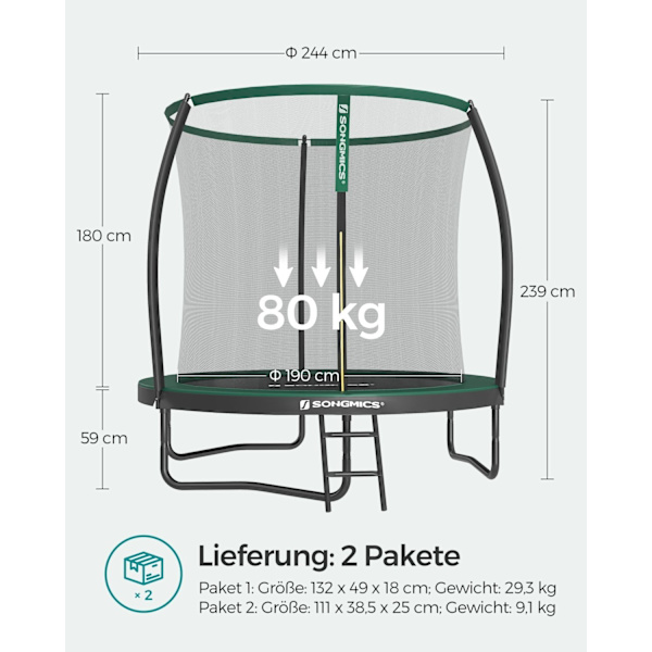 Rootz 10ft trampolin med sikkerhedsnet - Sort-grøn - Galvaniseret stålramme - PVC-kantdæksel - PP hoppemåtte - 244 cm x 239 cm - 180 cm stanghøjde - 8