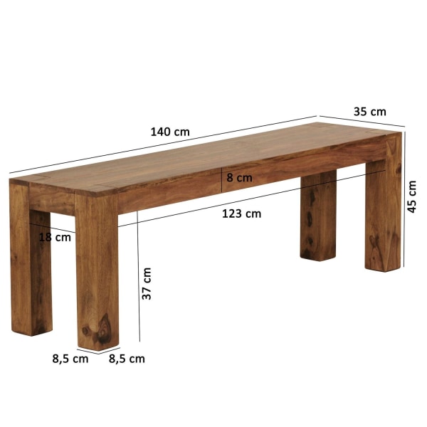 Rootz matsalsbänk massivt trä Sheesham 140 x 45 x 35 cm träbänk naturprodukt Köksbänk i lantlig stil