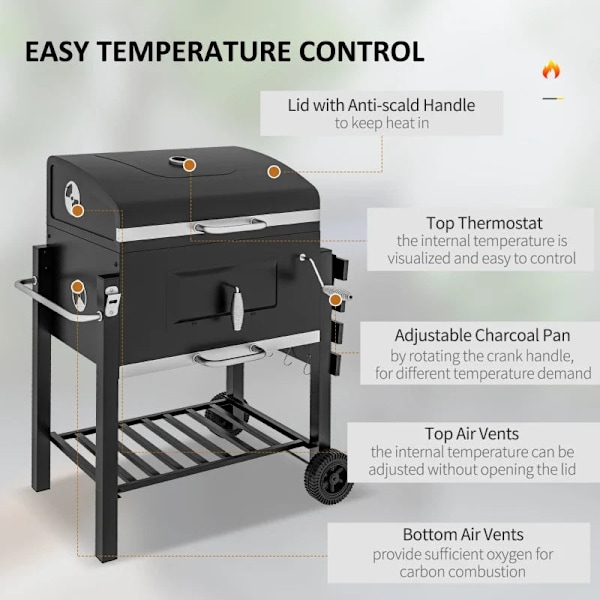 Rootz Charcoal Grill Smoker - BBQ Smoker - 1 Hylla - 1 Handduksställ - 2 Grillgaller - Raffinerad design - Rostfritt stål+metall - Svart - 113cm x 65c
