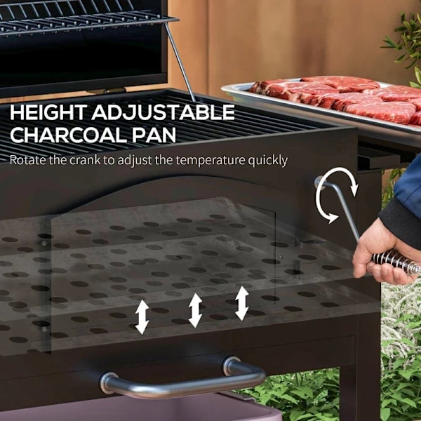 Rootz Kulgrill - BBQ Ryger - Justerbart kulrum - Sidehylder - Varmestativ - Emaljeret støbejern - Sort - 124L x 66W x 112H cm