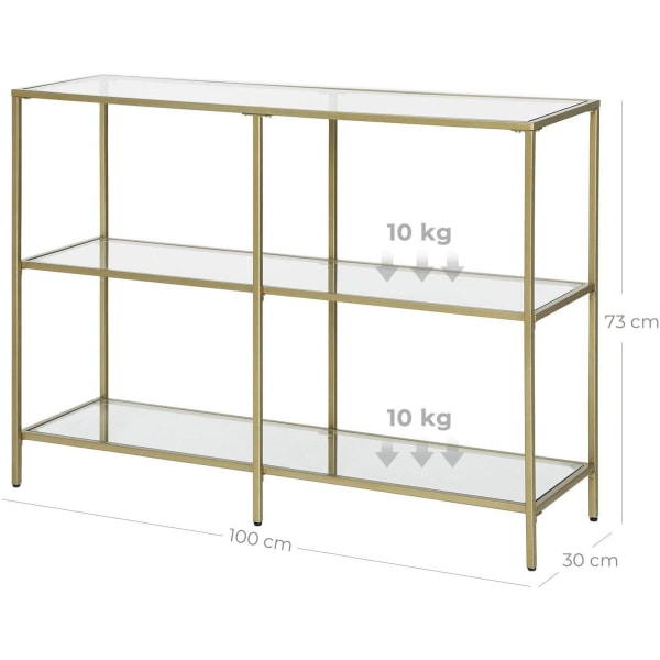 Rootz-konsolipöytä - Sivupöytä - 3 hyllyä - Säilytysteline - Lasi - Metalli - Kulta - 100 x 30 x 73 c