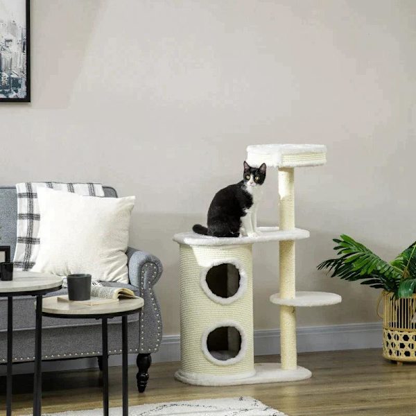 Rootz skrapstolpe - med skrapfat - 1 kattsäng och kattleksak - off-white - 59 cm x 35 cm x 100 cm