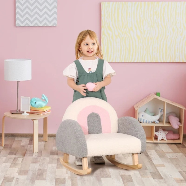 Rootz gungstol för småbarn - Söt design - Fårskinnsimitation - Eukalyptusträ - Grå + Rosa + Kräm - 50 x 45 x 44cm