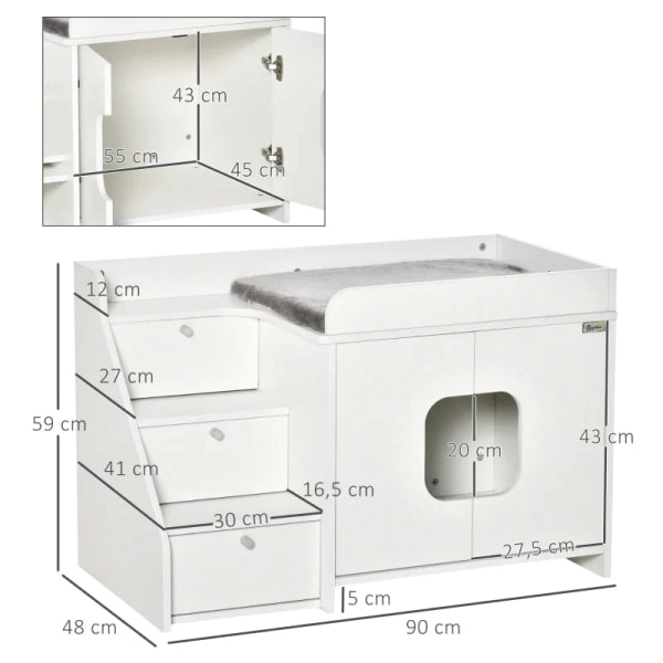 Rootz Cat Cabinet For Cat - Toalett kattlåda med 3 trappsteg - Katthus - Kattgrottor - Kattskåp för katt - Säng med dörröppning - Vit - 90 x 48 x 59 c