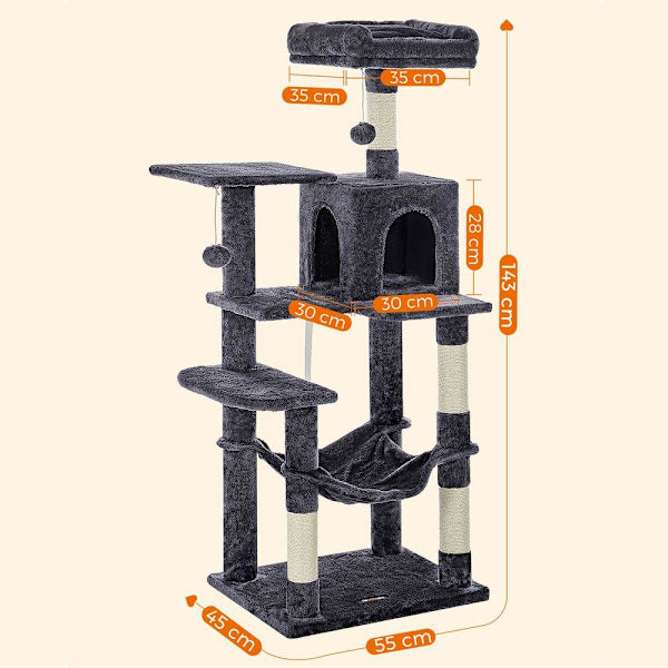 Rootz Cat Tree - Skrapstolpe med hängmatta - Cat Climbing Tree - Cat Activity Tree - Cat Play Tree - Modern Cat Tree - Cat Tree House - Spånskiva - Pl