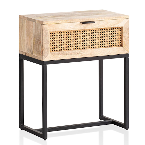 Rootz Modern Sengebord - Natbord - Rattanskuffe - Mangotræ - Håndlavet - Wienervævet - Naturligt trækorn - Sort metalstel - 50 cm x 60 cm x 30 cm