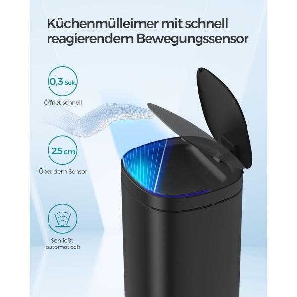 Rootz Sensor skraldespand - Skraldespand - Automatisk affaldsspand - Stålkonstruktion - 50 liters kapacitet - 30 cm x 30 cm x 74,6 cm - Sort - 3,5 kg