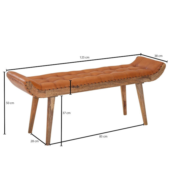 Rootz bænk ægte læder - massiv træ bænk brun 125x50x38 cm Chesterfield - Design polstret bænk gang - Læder bænk sengebænk 2 personer - Moderne entre b