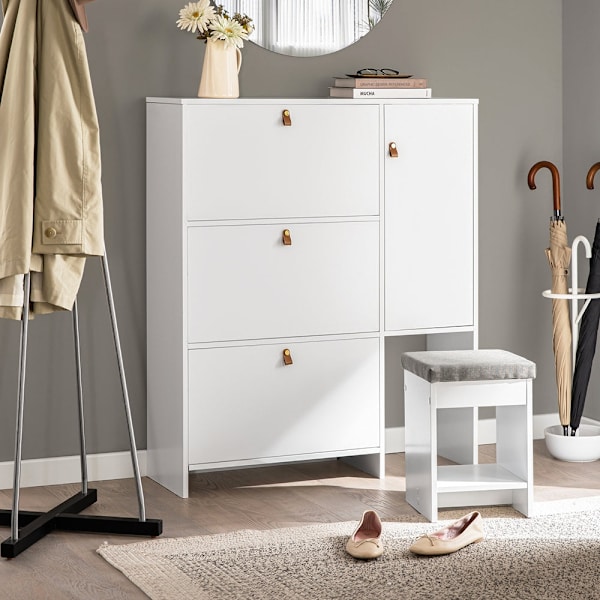 Rootz Skoskåp med pall - Skokipper - Skobyrå - Utrymmesbesparande design - Bekväma sittplatser - Mångsidig förvaring - Vit MDF - 95cm x 121cm x 30cm