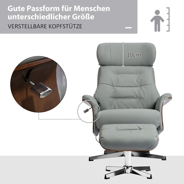 Rootz Relaxationsstol med avföring - Reclining Chair - Swivel TV -stol - 135 ° Tiltfunktion - 80W x 84d x 108h cm - Grå