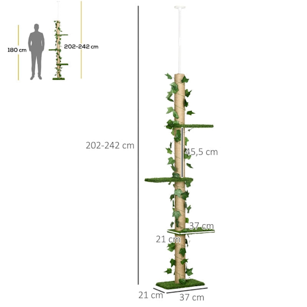 Rootz golv-till-tak kattträd - Höjdjusterbar skrapstolpe - Konstgjorda löv - Spånskiva - 37cm x 21cm x 202-242cm