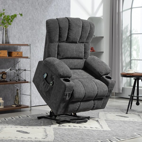 Rootz Electric Power Lift Stand Up Stol - RECLINER - Biografstol - Massage & varme - 93W X 91d X 110H CM - USB -porte & Cupholdere - Grå