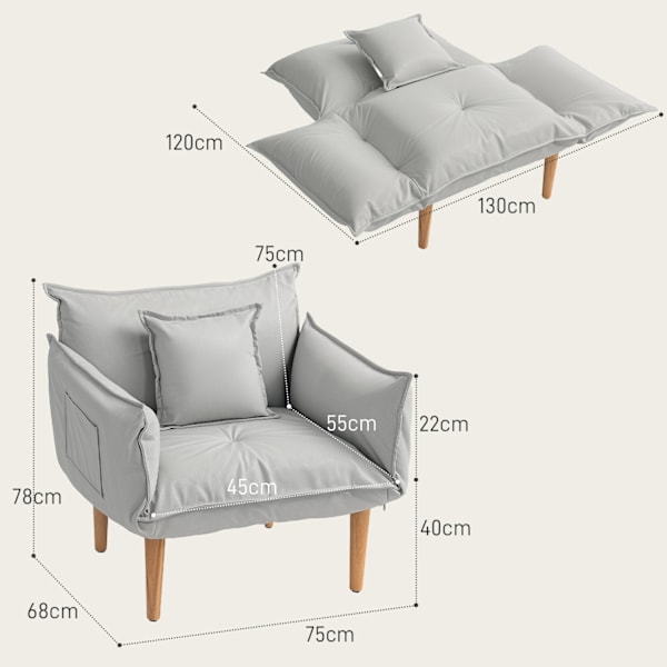 Rootz 2 i 1 justerbar loungestol - gulvstol - polstret stol - optimal komfort - 75W x 68d x 78H cm, 130W x 120d x 40H cm
