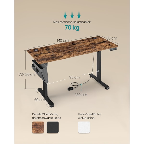 Rootz elektrisk stående skrivebord - Justerbart skrivebord - Sit Stand-skrivebord - Pladsbesparende design - 60 cm x 140 cm x (72-120) cm - Spånplade