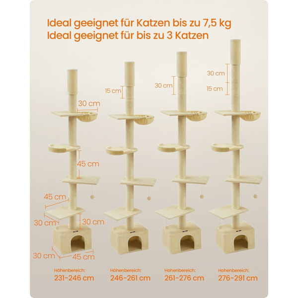 Rootz Cat Tree -katto korkea - Raaputustolppa - Raaputuslaite - Korkeudensäätö - Beige - MDF, vaneri, pehmo, sisal - 45cm x 30cm x (231-291cm)