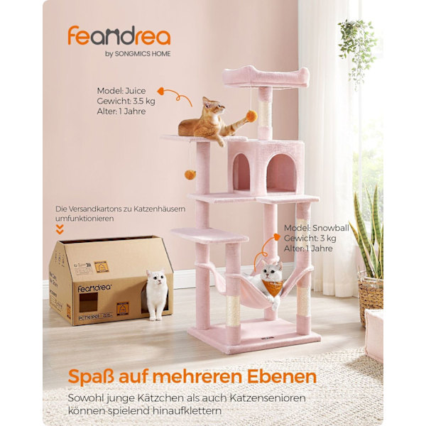Rootz Cat Skrapstolpe - Kitty Tree - Cat Tower - Chipboard Plysch Sisal - 55cm x 45cm x 143cm - Pastellrosa - Robust konstruktion - Flera katter - Enk