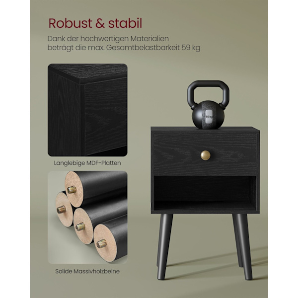Rootz Ebony Black yöpöytä - Yöpöytä - Yöpöytäkaappi - Lastulevy - MDF - Massiivipuu - 28cm x 39cm x 55cm