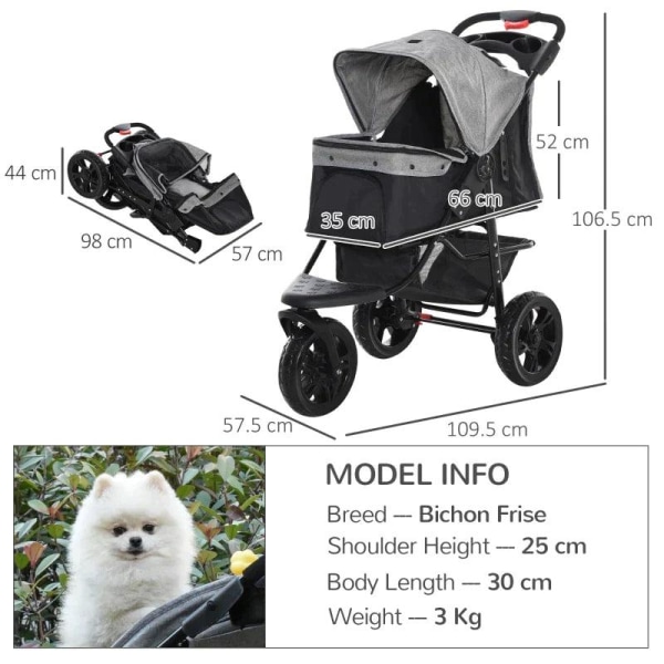 Rootz Dog Buggy - Cat Buggy - Koiravaunu - Lemmikkirattaat 3 pyörällä - Taitettava - Säädettävä kuomu - Oxford - Harmaa/Musta - 109,5 x 57,5 x 106,5 c