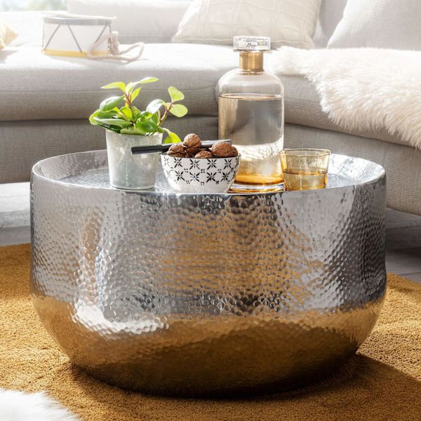 Rootz sohvapöytä alumiini hopea 60x60x35 cm olohuoneen pöytä vasaralla - Design-sohvapöytä pyöreä alumiininen itämainen - Pyöreä metallinen sohvapöytä