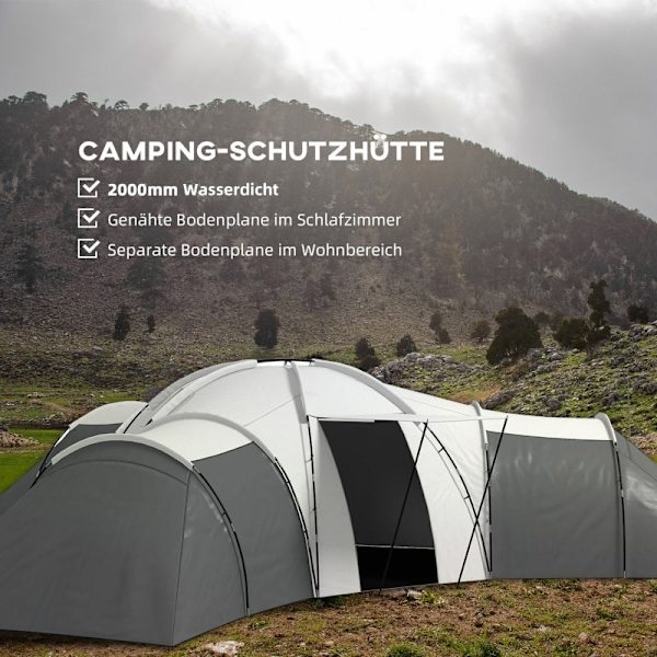 Rootz Campingtelt - Tunneltelt - Familietelt - Rummeligt - Holdbart - Vandtæt - 220L x 188W x 150H cm (soveværelse), 495L x 415W cm (Stue)