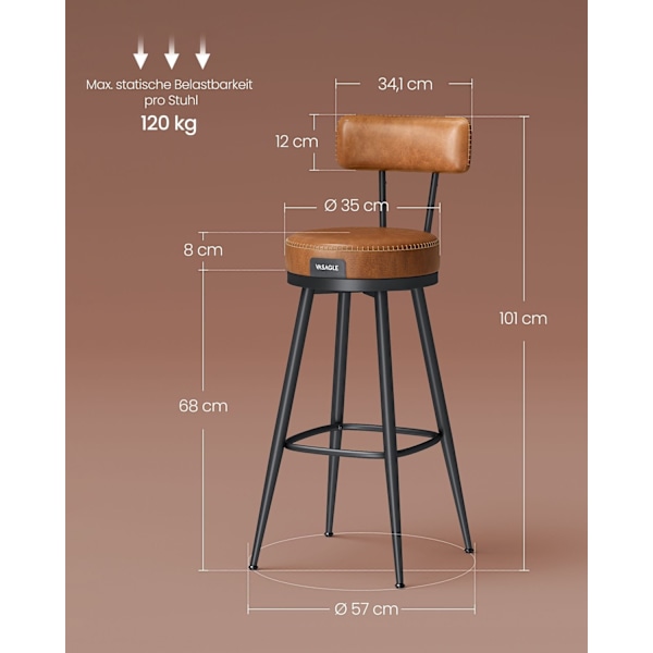 Rootz 2 Barstolar Set - Barstolar - Köksbänkstolar - Stålstomme - 58D skumsits - PU-läder - 57cm x 57cm x 101cm