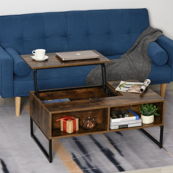 Rootz Coffee Table - Coffee Table - Height Adjustable Leaf - 100L x 60D x 40H cm - Storage Space - Top Lift - Space Saving - Brown - Processed Wood -
