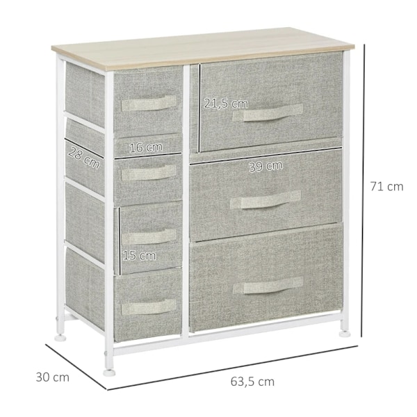 Rootz kommode - Skænk - 7 skuffer - Moderne design - Spånplade - Ikke-vævet stof - Lysegrå - 63,5 cm x 30 cm x 71 cm