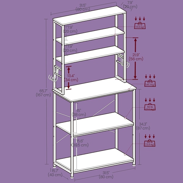 Rootz kökshylla - Stående hylla - Mikrovågshylla - Space -Saving Storage - 80 x 40 x 167 cm