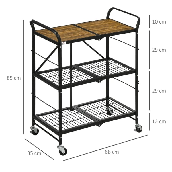 Rootz Industrial Design Køkkenvogn - 3 hylder - Multifunktionsvogn - Serveringsvogn - 4 Hjul - Foldning - MDF - Brun + Sort - 68L x 35W x 85H cm