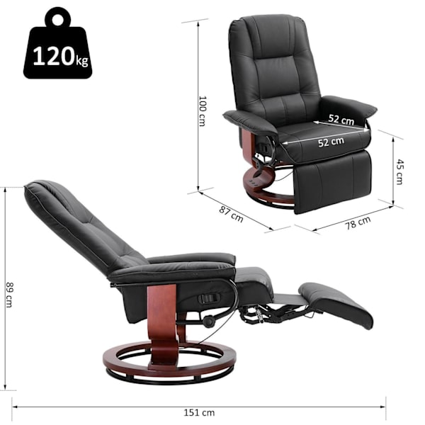 Rootz Relax stol - Solstol - Konstläder - Fotstöd - Vridbar - Tiltbar - Trä - 78 x 87 x 100 cm - Svart - Brun