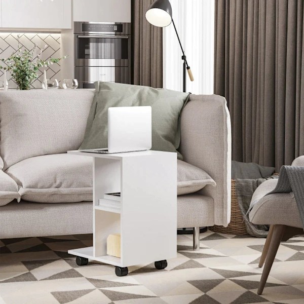 Rootz C Shape Side Table - Coffee Table - Stand Table - Corner Desk -Portable Sofa Table with Shelf - Wheels for Small Area - E1 Chipboard - White - 4