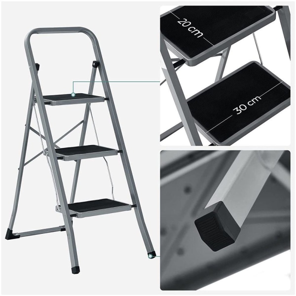 Rootz Step Pall - Step Pall med 3 steg - Fällbar Step Pall - Bärbar Step Pall - Kök Step Pall - Badrum Step Pall - Lätt Step Pall - Grå/svart