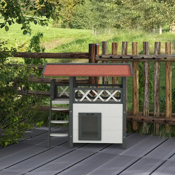 Rootz Cat House - Pet Kennel - Asfalttikatto - 2 tasoa 1 Tikkaat - Kuusi - Valkoinen + Punainen - L77 x L50 x K73 cm