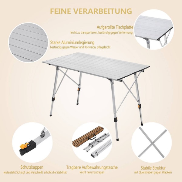 Rootz aluminium campingbord - bærbart foldebord - justerbart udendørs bord - robust, vejrbestandigt, let - 68,5 cm x 59-78,5 cm x 120 cm