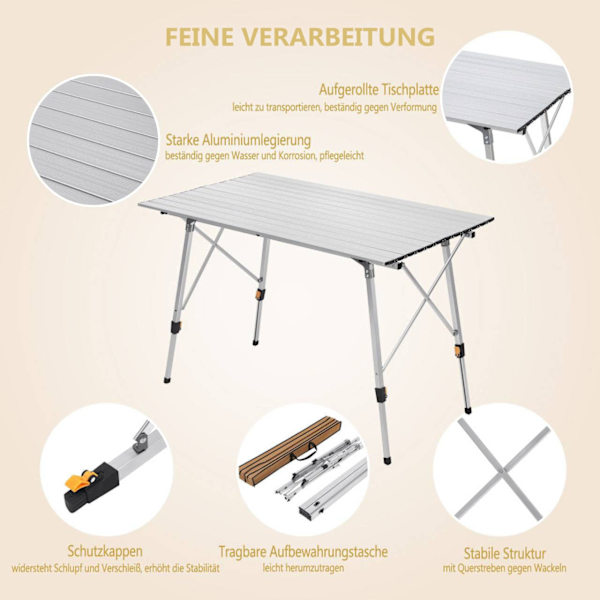 Rootz campingbord i aluminium - Bärbart fällbart bord - Justerbart utomhusbord - Robust, väderbeständig, lätt - 68,5 cm x 59-78,5 cm x 120 cm