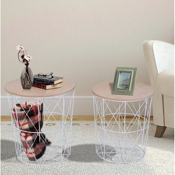 Rootz sofaborde - Sæt med 2 - Sideborde - MDF - Metal - Opbevaringsplads - Hvid - Brun - Natur - 40 x 40 x 45 cm