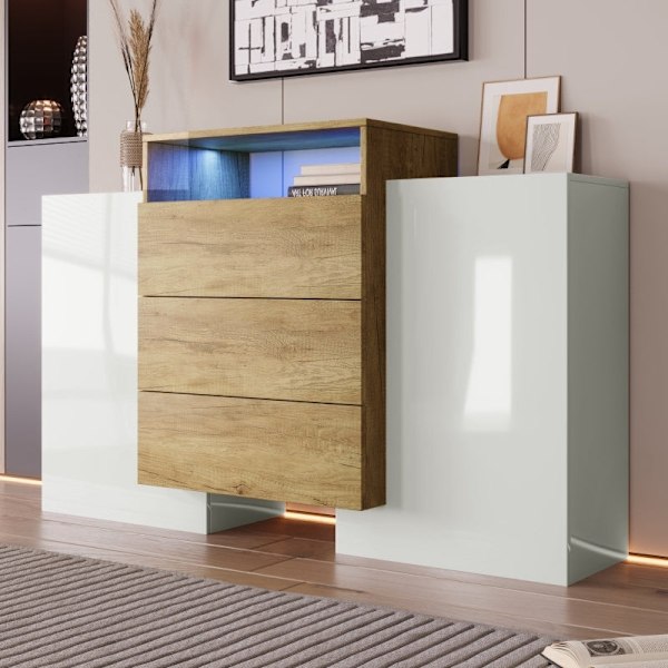 Rootz Modern sideboard - Högglans vit - Snygg förvaringsenhet - Justerbar LED-belysning - 140L x 30W x 77,5H cm