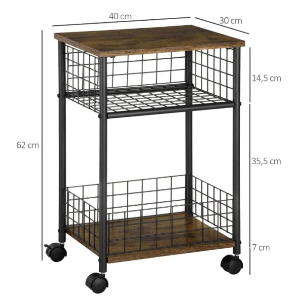 Rootz Køkkenvogn - Serveringsvogn - Industrielt design - 1 hylde 1 opbevaringskurv 4 hjul - spånplade/stål - sort/brun - 40 cm x 30 cm x 62 cm